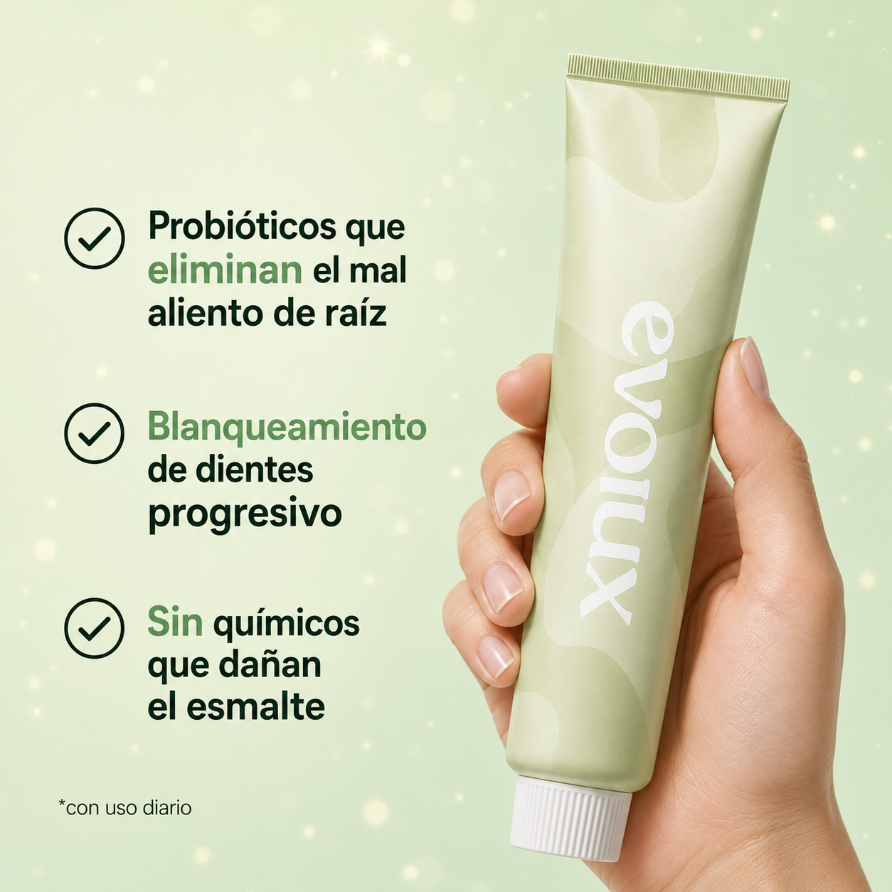 EVOLUX™ – Pasta Dental Anti Mal Aliento Sin Flúor | Blanqueado Natural Progresivo